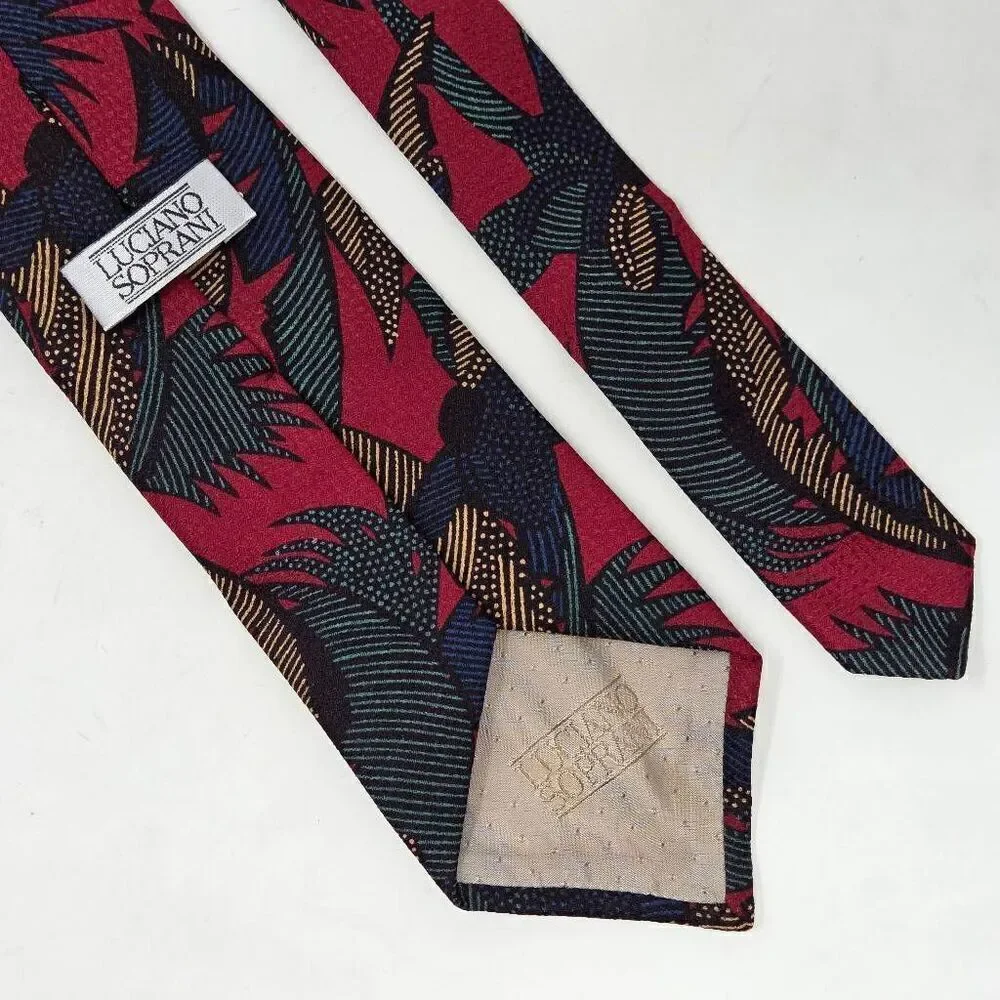 LUCIANO SOPRANI ITALY SILK TIE RED GREEN YELLOW  PALM TREE TEXTURED 3.25